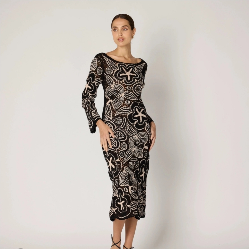 Cleobella Elegant Black And Cream Crochet Patterned Dress